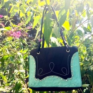 Rockabilly Western Blue Leather Pin Up Shoulder Bag Purse 1950s 50s 1960s 60s